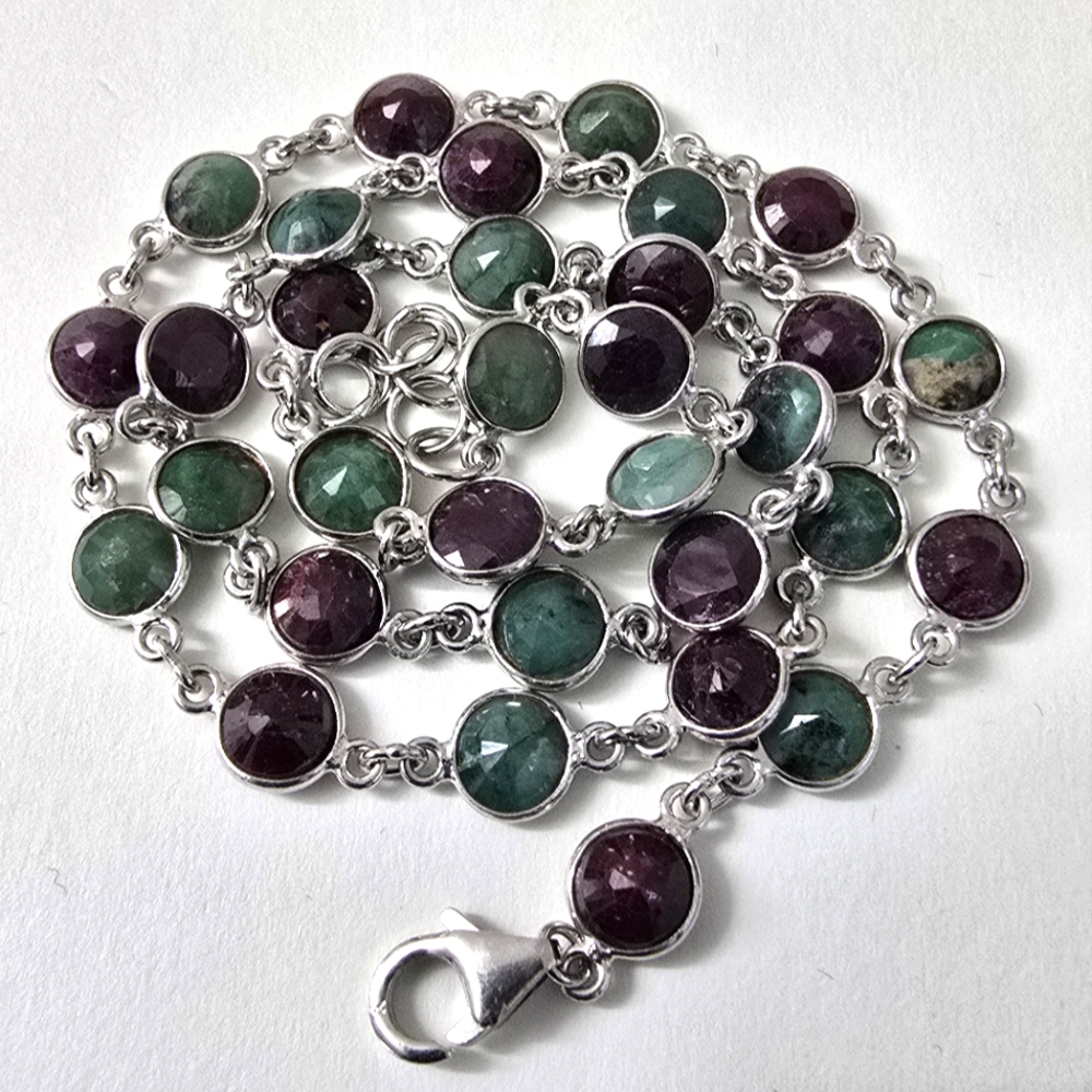 Sterling Silver 925 Ruby & Emerald Bezel-Set Station Necklace – 18 Inches